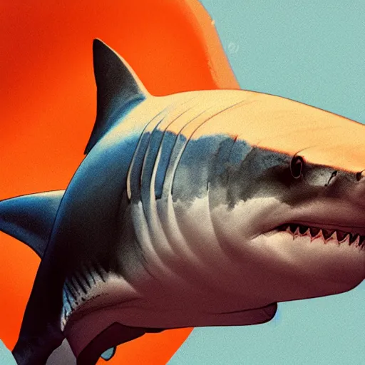 Prompt: great white shark, side view, with a conical orange traffic cone on its dorsal fin - ron cheng & alphonse mucha, highly detailed, digital painting, ray tracing, concept art, illustration, smooth sharp focus, intricate, symmetry, artstation,