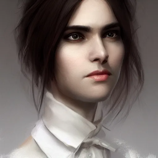 Image similar to epic portrait an woman wearing a white blouse with short sleeves and a black tie, beauty, pretty face, glossy skin, brown tied hair, digital painting, artstation, concept art, soft light, hdri, smooth, sharp focus, illustration, fantasy, intricate, elegant, highly detailed, D&D, matte painting, in the style of Greg Rutkowski and Alphonse Mucha and artemisia, 8k, highly detailed, jurgens, rutkowski, bouguereau, pastoral, rustic, georgic, detailed concept art, illustration, colorful pastel, painting, detail, ultra detailed, digital art, 4K,