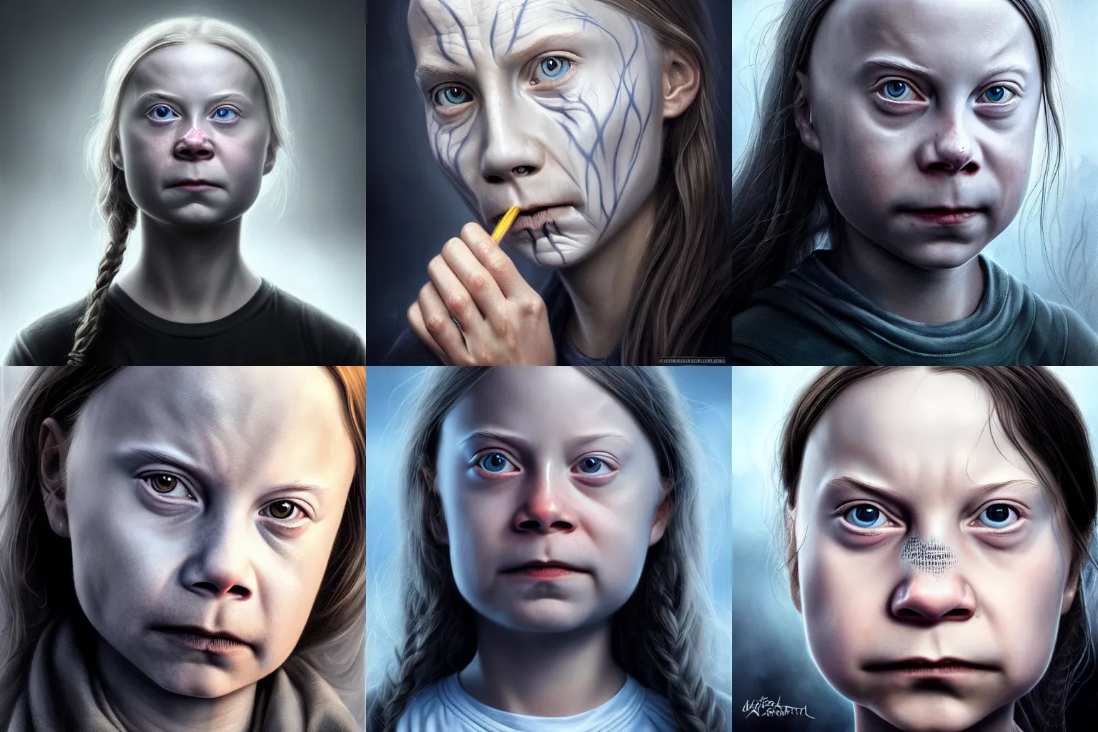 Prompt: greta thunberg merged voldemort!! nostril slits! digital painting, extremely detailed, 4 k, intricate, brush strokes, mark arian, artgerm, bastien lecouffe - deharme