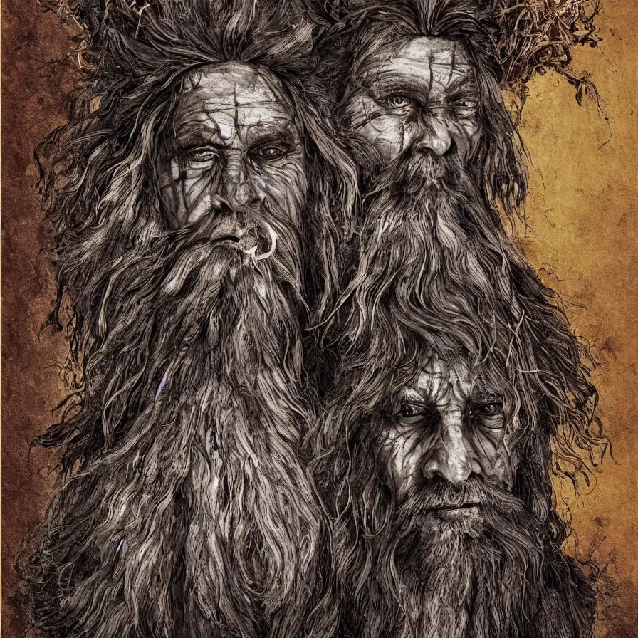 Prompt: Portrait of the Primeval Forest God, a wise bearded Western male druid deity with gaseous blind eyes who presides over the wilderness and brings wisdom onto the world. His body is partially covered in tree bark. Headshot, insanely nice professional hair style, dramatic dark brown tribal hair, bright colourful halo around the head, digital painting, of a old 17th century, amber jewels, baroque, ornate clothing, tribalistic sci-fi, realistic, hyper-detailed, chiaroscuro, concept art, art by Franz Hals and Jon Foster and Ayami Kojima and Amano and Karol Bak,