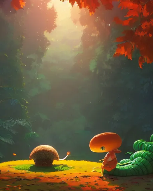 Image similar to a giant caterpillar taking a bath in a well with lush vegetation around in autumn, cory loftis, james gilleard, atey ghailan, makoto shinkai, goro fujita, character art, rim light, exquisite lighting, clear focus, very coherent, plain background, soft painting