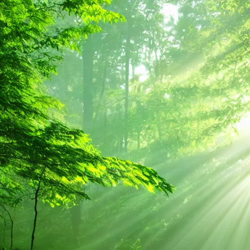 Image similar to A lush green forest in the morning; rays of light coming through the canopy
