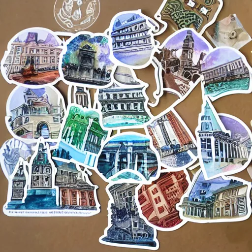 Prompt: a watercolour sticker pack with historical buildings