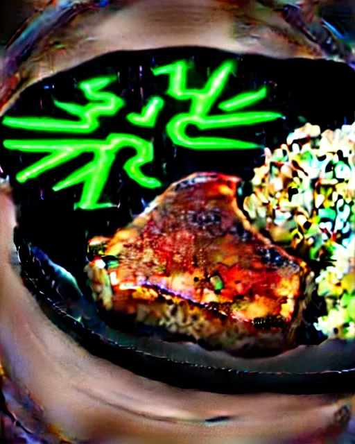 Image similar to porkchops and mashed potatos on the new razer gaming LED plate, HD, trending on artstation, instagram post, LED