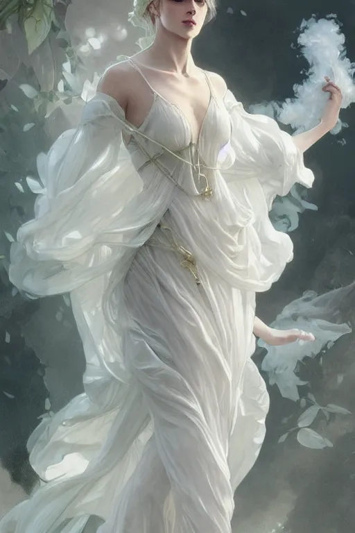 Image similar to woman dressed in a vaporous wrapped large victorian white roses silk semi-transparent dress fashion is running D&D, fantasy, intricate, elegant, highly detailed, digital painting, artstation, concept art, matte, sharp focus, illustration, art by Artgerm and Greg Rutkowski and Alphonse Mucha