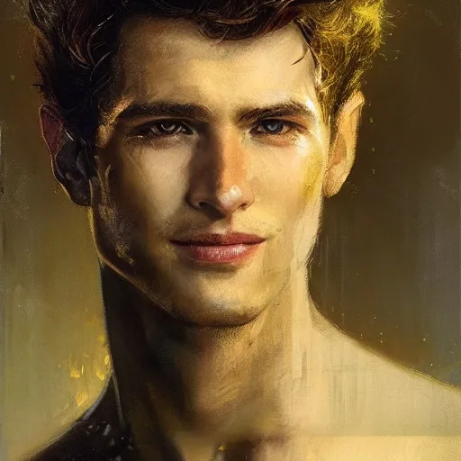 Image similar to handsome portrait of a young guy fitness posing, war hero, smiling, radiant light, caustics, reflective light, by gaston bussiere, bayard wu, greg rutkowski, giger, maxim verehin