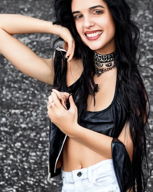 Prompt: a portrait of a beautiful Young female with long disheveled black hair, beautiful and smiling, sweet looks, white skin and reflective eyes, black tank top, black leather shiny jeans, an ankh necklace white colors in the background, 500px photos, top cinematic lighting , cinematic mood, very detailed, shot in canon 50mm f/1.2
