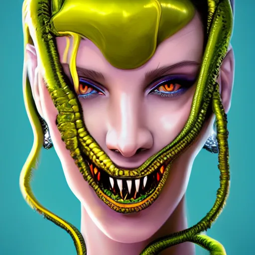 Image similar to medusa portrait painting, vibrtant, colorful, wicked grin, yellow cat eyes, artstation, detailed, blurred background