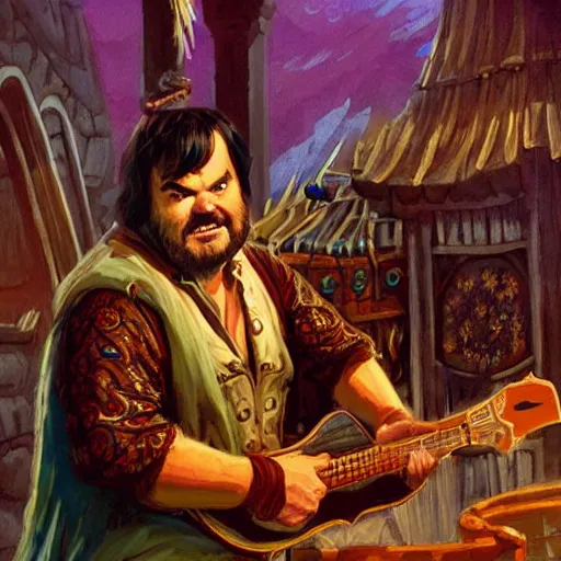 Prompt: D&D character jack black as bard in a tavern playing a bad song designed by Bruce Pennington painted by Ed Emshwille Graphic novel