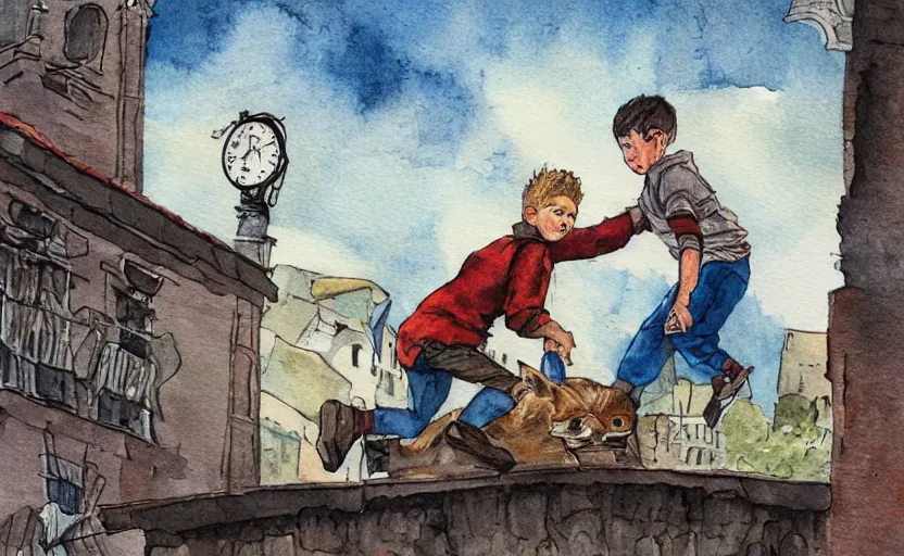 Image similar to a boy fighting a wolf on the edge of a clocktower, by taylor barron, watercolor, print