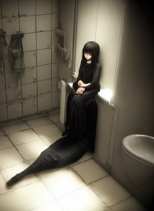 Image similar to a 1 4 year old girl eveline from resident evil 7 with straight long black hair wearing black dress that sitting on bathroom floor