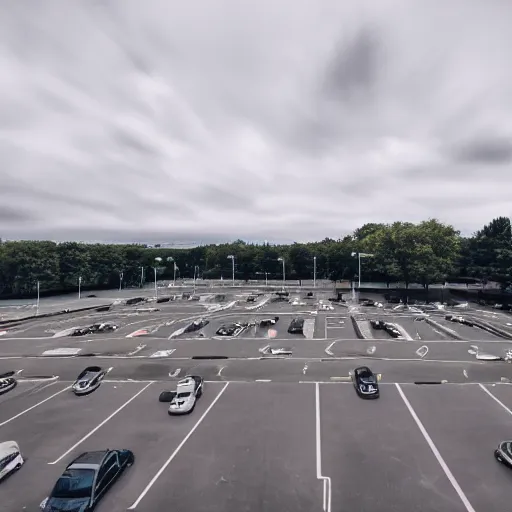 Prompt: Beatiful Fuzzy Photograph of an infinite parking lot, Long shot, full shot, wide shot, low angle,wide angle lens