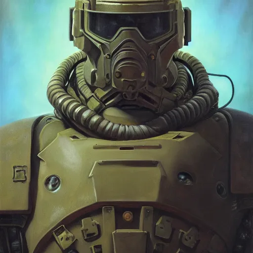 Image similar to portrait of heavy armoured doomguy in disco elysium, by alexander mcqueen, by roberto ferri, by tom bagshaw, by j. c. leyendecker and klimt, by austin osman spare, highly detailed oil painting, very intricate, cinematic lighting, award - winning, american romanticism, artstation, cgsociety, official art, octane