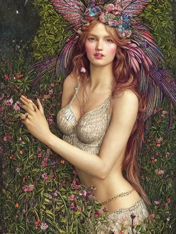 Image similar to a 65mm portrait of an Victoria's Secret angel who wearing embellished sequined feather-adorned wings at flower bushes,by tom bagshaw,Cedric Peyravernay,Cedric Peyravernay,marie spartali Stillman,William Morris,Dan Mumford,trending on pinterest，maximalist,glittering,feminine