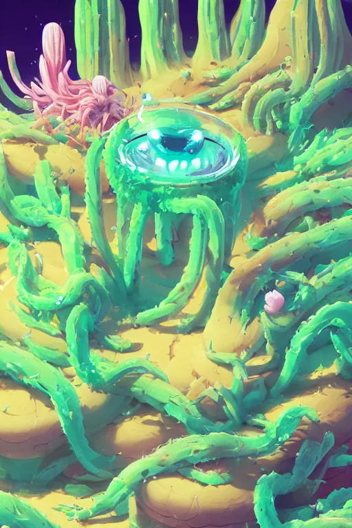 Image similar to roots cactus sushi cristal smurf ghost creature animal sushi cristal very big eye roots cactus elemental flush of force nature micro world fluo fishscale, behance hd by jesper ejsing, by rhads, makoto shinkai and lois van baarle, ilya kuvshinov, rossdraws radiating a glowing aura global illumination ray tracing hdr