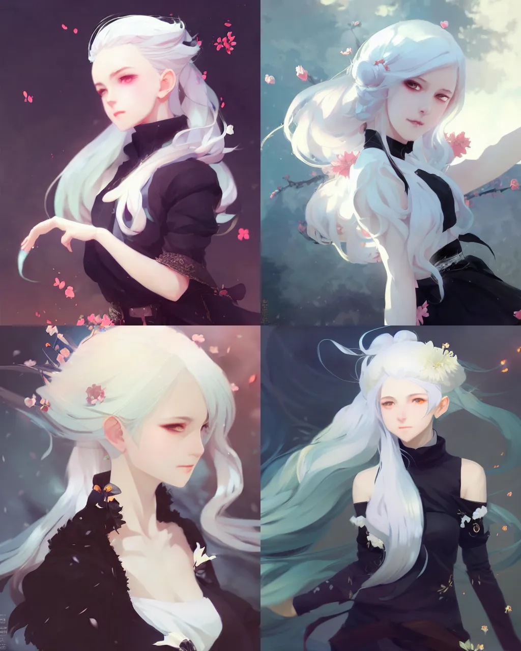 Prompt: a girl with white hair and black skirt, flower decoration on the background, a beautiful half body illustration, top lighting, perfect shadow, soft painting, art by hidari and krenz cushart and wenjun lin