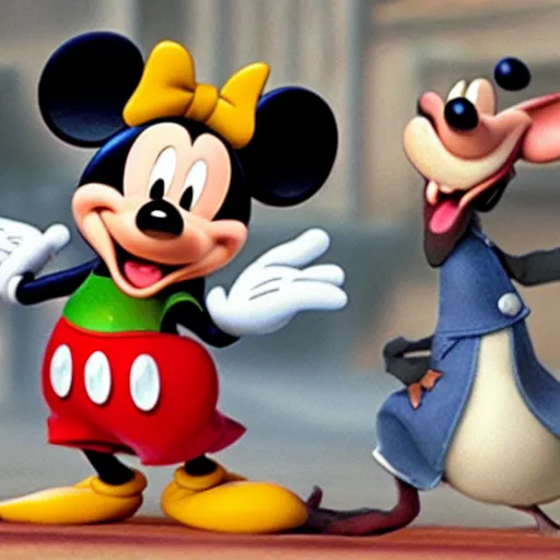 Prompt: Mickey Mouse with ratatouille and splinter