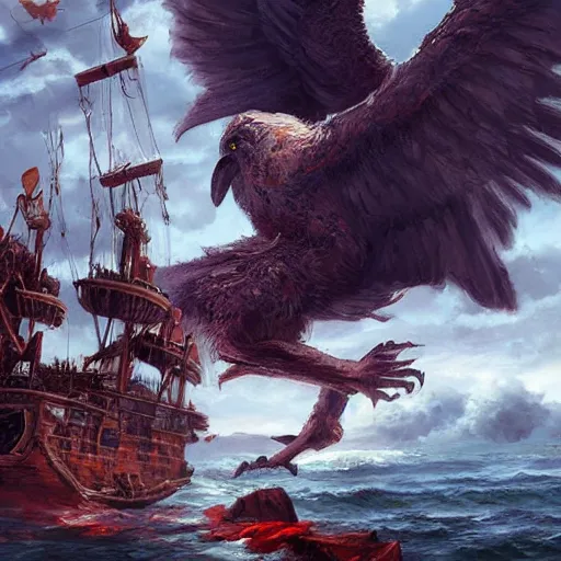 Prompt: Giant bird monster destroying a pirate ship, dramatic oil painting, by WLOP, by Artgerm, volumetrics, digital art, 4k, detailed bird monster