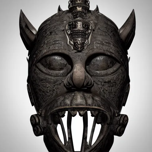 Image similar to an ominous dark ancient mask. cracks. hyper - detailed. gothic steampunk baroque. symmetric. epic. hyper - realistic. unreal render.