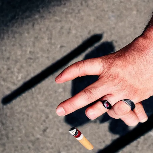 Image similar to normal man's hand with five fingers and a ring and a cigarette between the fingers