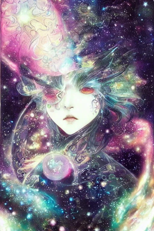 Prompt: yoshitaka amano, ethereal being woman in galaxy
