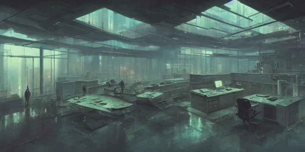 Image similar to a dystopian cyberpunk office interior with huge holographic displays everywhere, beksinski and syd mead cinematic matte painting, 4 k