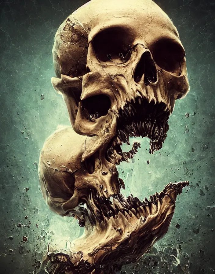 Image similar to portrait of a melting skull. intricate abstract. sharp teeth. delicate artwork. by Tooth Wu, wlop, beeple, dan mumford. octane render, trending on artstation, greg rutkowski very coherent symmetrical artwork. cinematic, hyper realism, high detail, octane render, 8k, depth of field, bokeh. chrome accents.