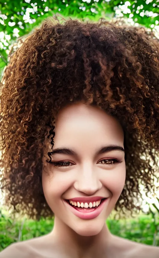 Prompt: 8 k uhd poser render of the face of a young woman with marble complexion, angelic features, her face framed with curls, her head raised in rapture, laughing, portrait photography, symmetrical eyes, by andrew gonzalez, background lush vegetation, insects and birds, dof narrow, 1 0 5 mm lens