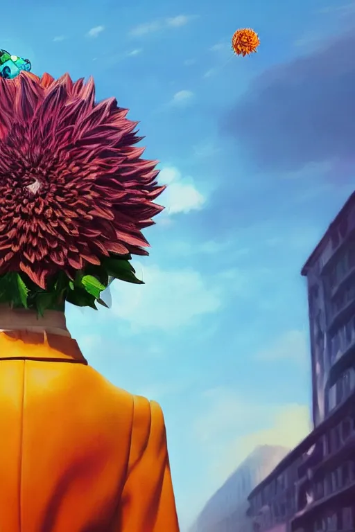 Image similar to closeup giant dahlia flower head, girl in a suit on a street, surreal photography, blue sky, sunrise, dramatic light, impressionist painting, digital painting, artstation, simon stalenhag