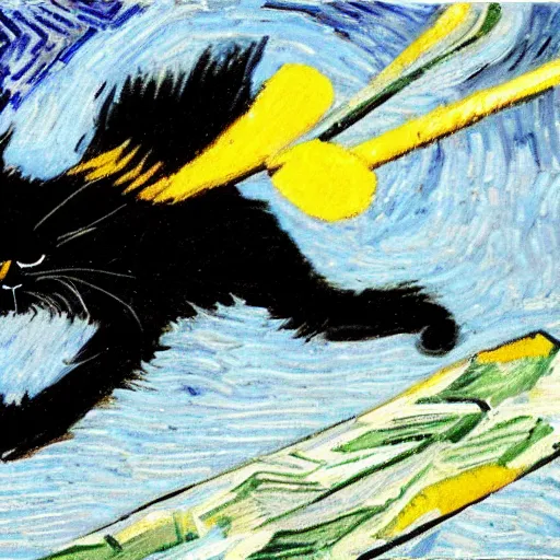 Prompt: black cat zooming ok skis, in the style of van gogh