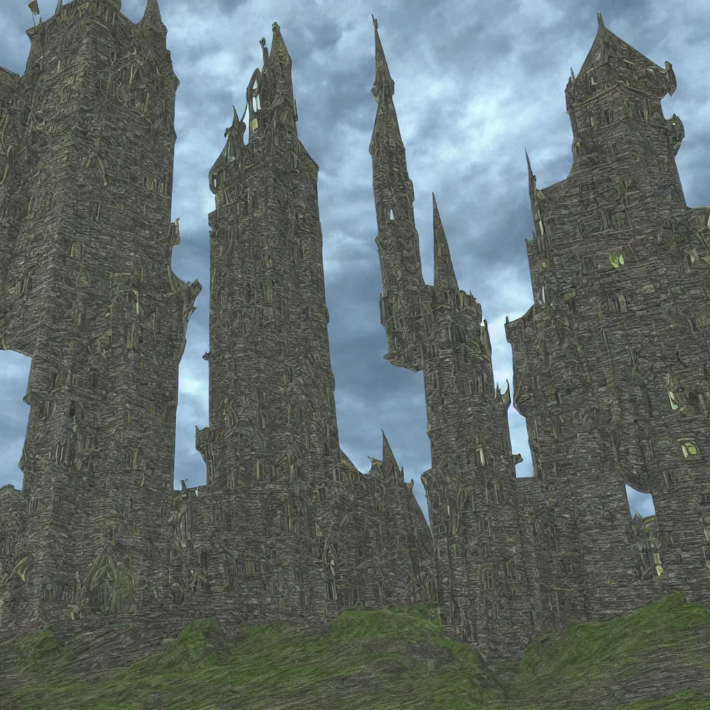 Prompt: tall fantasy celtic castle, 4 tall towers, photorealistic, hyper detailed, picture taken from the ground, first person perspective, realistic