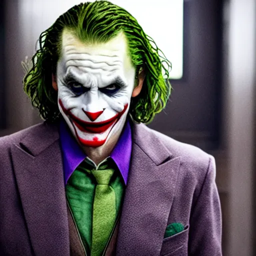 Image similar to Christian Bale as the Joker (2019), cinematic film still