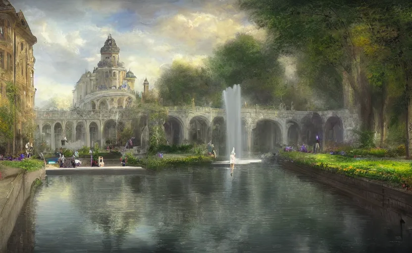 Image similar to An urban train rides inside of a waterway on a fantasy city, next to a fountain and a mystical palace. By Konstantin Razumov, Fractal flame, chiaroscuro, highly detailded