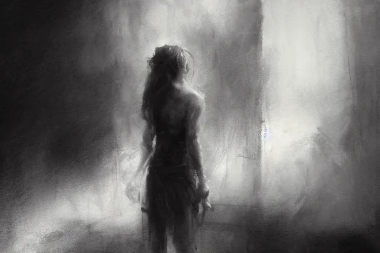 Image similar to a young lady by jeremy mann and greg rutkowski, graphite sketch on paper