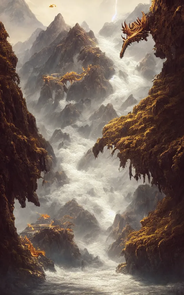 Image similar to high mountains and flowing water, stunning golden chinese dragon hovering, majestic and shocking scenes, thunder, magnificent fantasy scenes, the light of tyndall, james gurney, greg rutkowski, unreal engine, art station