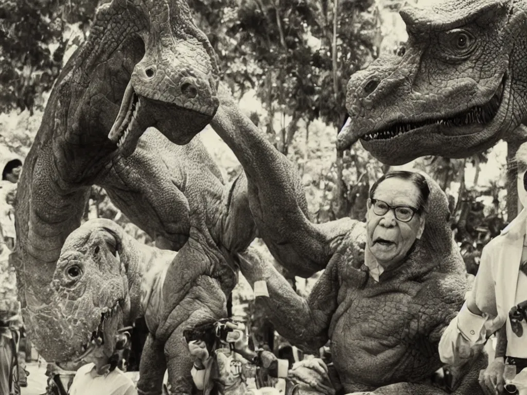 Prompt: Enrile eating a dinosaur