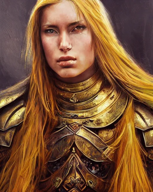 Image similar to beautiful female warrior, half body portrait, long flowing hair, heavy gold armour, realistic oil painting by boris valejo