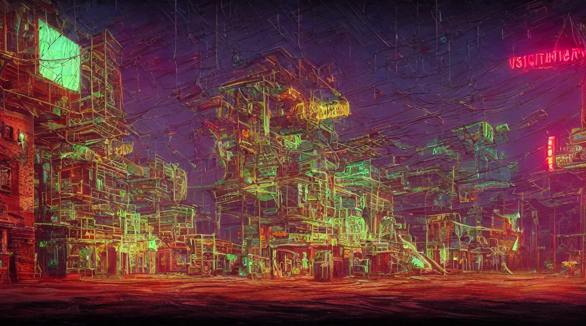 Image similar to Very highly detailed photo, post apocalyptic building, synthwave neon retro, by Vladimir Manyukhin, by Simon Stålenhag, by Guido Borelli, by Nathan Walsh, by Peter Gric, deviantart, trending on artstation, Photorealistic, vivid colors, polychromatic, glowing neon, geometric, concept art digital illustration, polished, beautiful, HDR Unreal Engine 64 megapixels IMAX Terragen 4.0, 8k resolution concept art filmic complex utopian mysterious moody futuristic