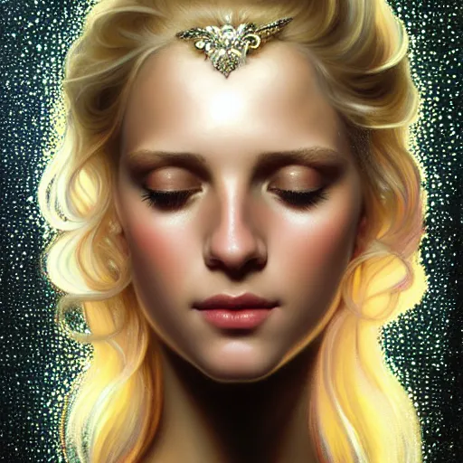 Image similar to portrait of a blonde girl surrounded by shimmering reflective gems, face, fantasy, intricate, elegant, dramatic lighting, highly detailed, lifelike, photorealistic, digital painting, artstation, concept art, smooth, sharp focus, illustration, art by John Collier and Krenz Cushart and Artem Demura and Alphonse Mucha and and Albert Aublet