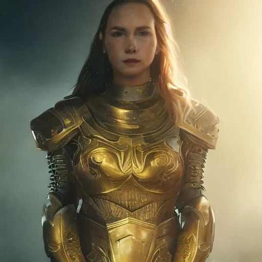 Image similar to attractive aesthetically pleasing young woman portrait, partially clothed in metal-plated battle armor, atmospheric lighting, painted, intricate, volumetric lighting, beautiful, golden hour, sharp focus, ultra detailed, by Leesha Hannigan, Ross Tran, Thierry Doizon, Kai Carpenter,Ignacio Fernández Ríos