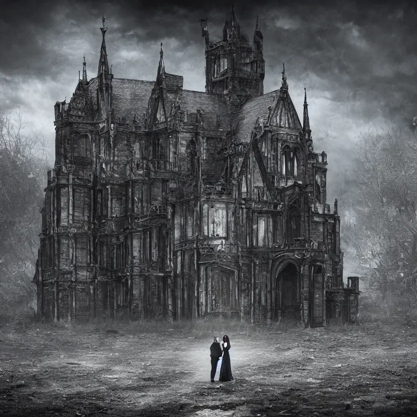 Image similar to A Gothic couple of jewels in an empty land, dark romance, dark and mysterious, atmospheric, ominous, eerie, cinematic, Epic, 8k, 4k, ultra detail, ultra realistic, rendered by awesomeness