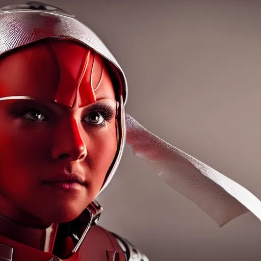 Prompt: headshot of an beautiful female soldier in glossy sleek white armor with tiny red details and a long red cape, downward angle, determined expression, braid, on the surface of mars, night time, dramatic lighting, cinematic, sci-fi, hyperrealistic