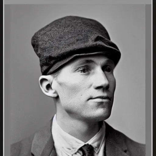 Image similar to A photograph portrait of Jerma985 wearing a newsboy cap in the early 1900s, taken in the early 1900s, grainy, taken on a early 1900s Kodak Camera, realistic, hyperrealistic, very realistic, highly detailed, very detailed, extremely detailed, detailed, digital art, trending on artstation