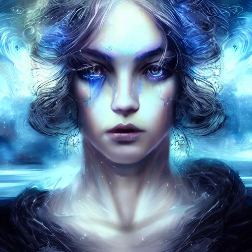 Image similar to masterpiece goddess of sorrow portrait, 3 0 years woman, melancolic face, dynamic hair digital painting by louis royo and wlop, dark tenebrous blue background, cinematic light, aura effect, some chaotic sparkles, unreal engine, artstation, deviantart, pinterest