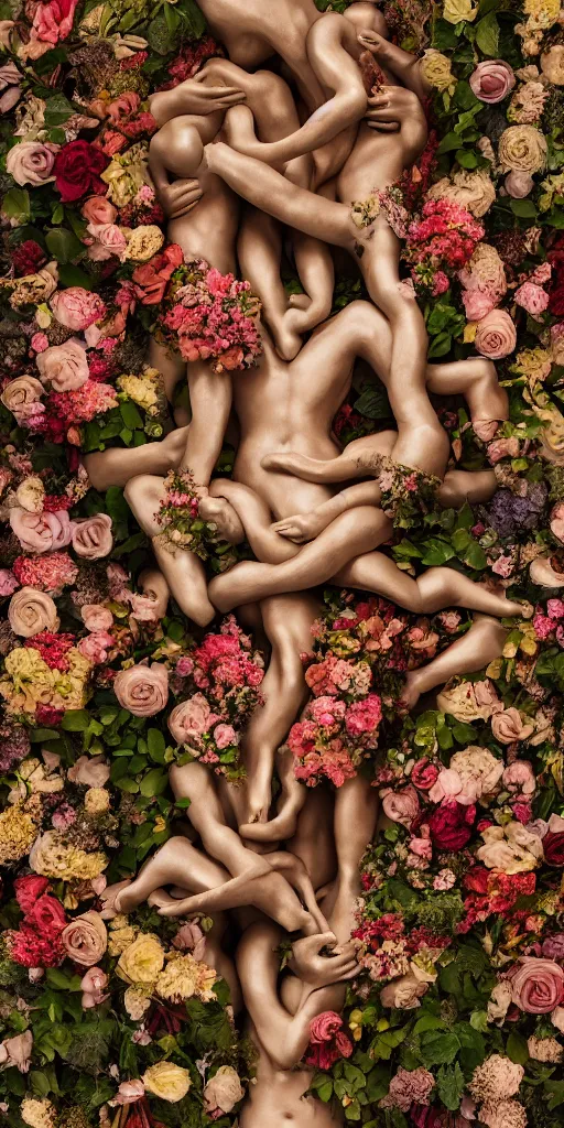 Image similar to a sculpture of human bodies intertwined, a lovely cornucopia of flowers and human body parts, body parts, highly detailed, octane render, cinematic