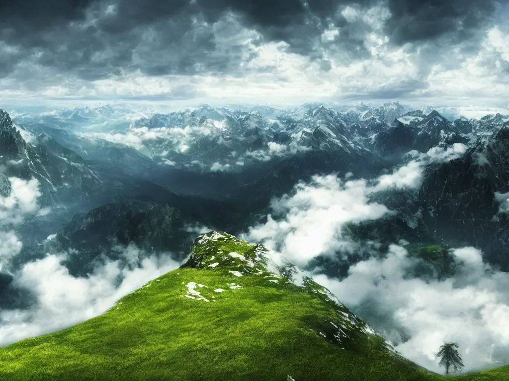 Image similar to realistic view from a mountaintop, high mountains, green meadow, alps, pyranees, digital painting, 4 k, wallpaper, realistic lightning