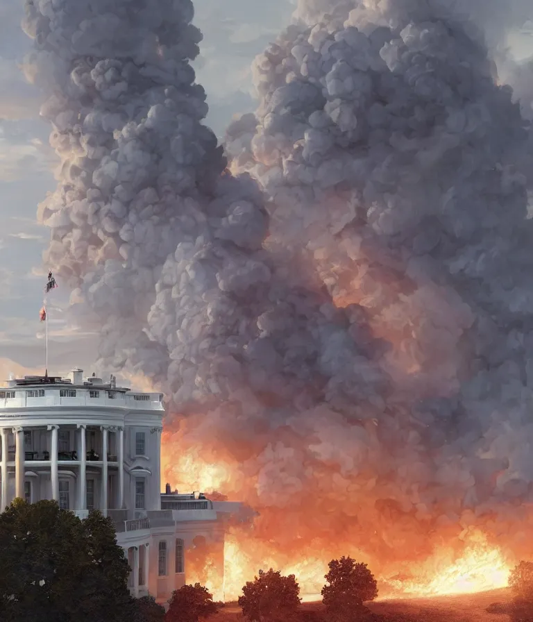 Image similar to a beautiful hyperrealistic detailed 3D render of the white house burning, by Anton Otto Fischer, Atey Ghailan, genzoman, unreal engine, octane render, gigantic, 3D, brilliantly coloured, intricate, ultra wide angle, trending on artstation, embers, smoke, dust, dusk, volumetric lighting, HDR, polished, micro details, ray tracing, 8k