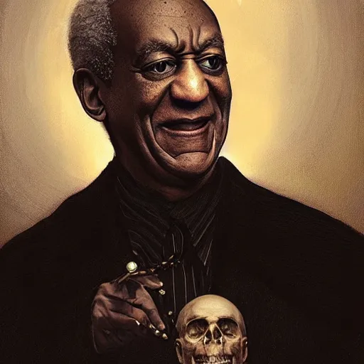 Image similar to hyperrealistic portrait of bill cosby as a vampire witch in a black coat holding a human skull as a crystal ball. by jeremy mann and alphonse mucha, fantasy art, photo realistic, dynamic lighting, artstation, poster, volumetric lighting, very detailed faces, 4 k, award winning