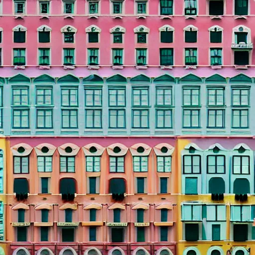 Prompt: Symmetric Wes Anderson film still in big city late at night. Establishing shot. Architecture. 8k resolution. Pastel. Sharp. Whimsical. Symmetry. Stunning.