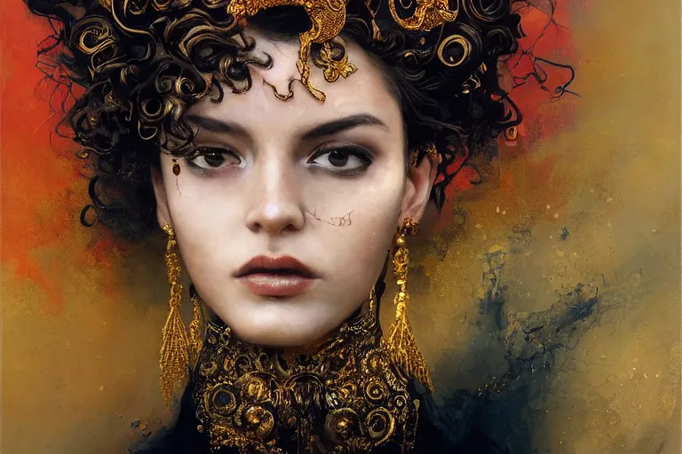 Image similar to an epic painting of a 1 9 years old girl figure, curly messy high bun hairstyle, oriental tattoos, jeweled ornament over forehead, subject wearing a gold and black high fashion gown, flowing, ornate, beautiful, intricate, dramatic earth colors, with few fire red highlights, by jeremy mann and greg rutkowski, oil on canvas, artstation